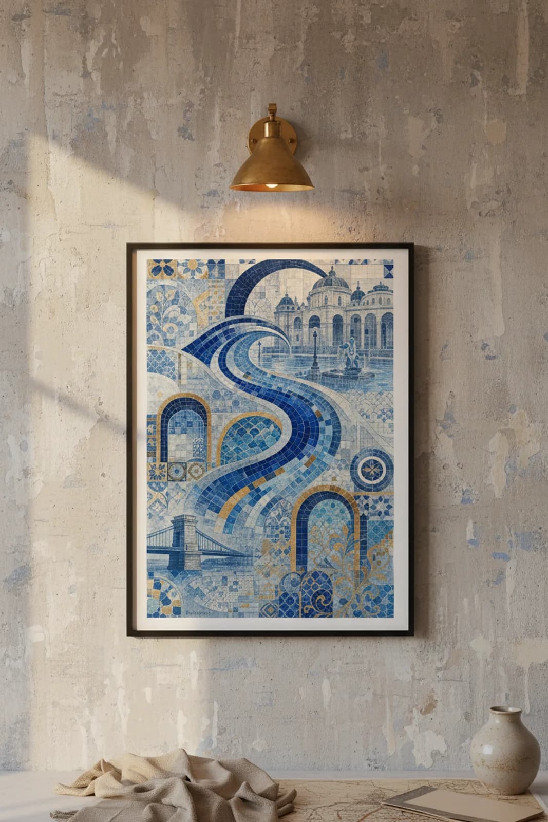 Budapest Suncities travel print in black A2 frame on cerulean-blue concrete wall — Suncities mockup