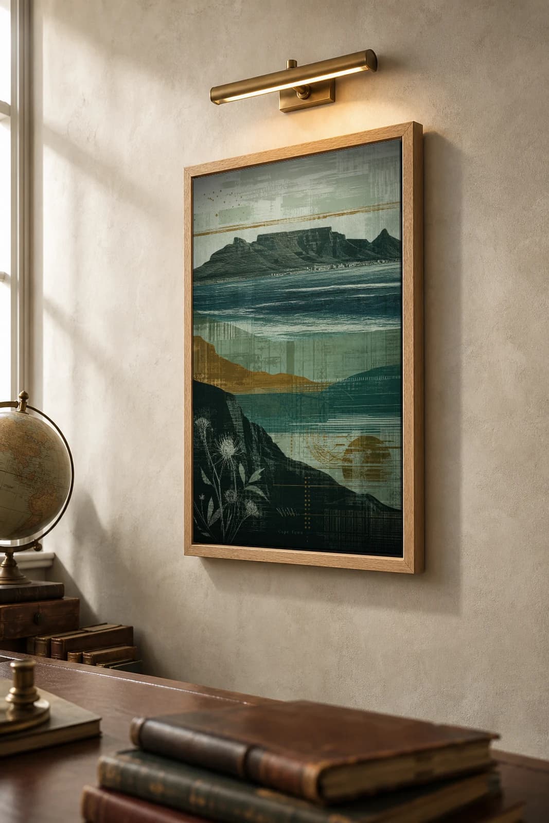Cape Town Poster — South Africa travel wall art · city print · framed A2 — the framed print shown at a three-quarter angle on a styled gallery wall in a natural-oak frame