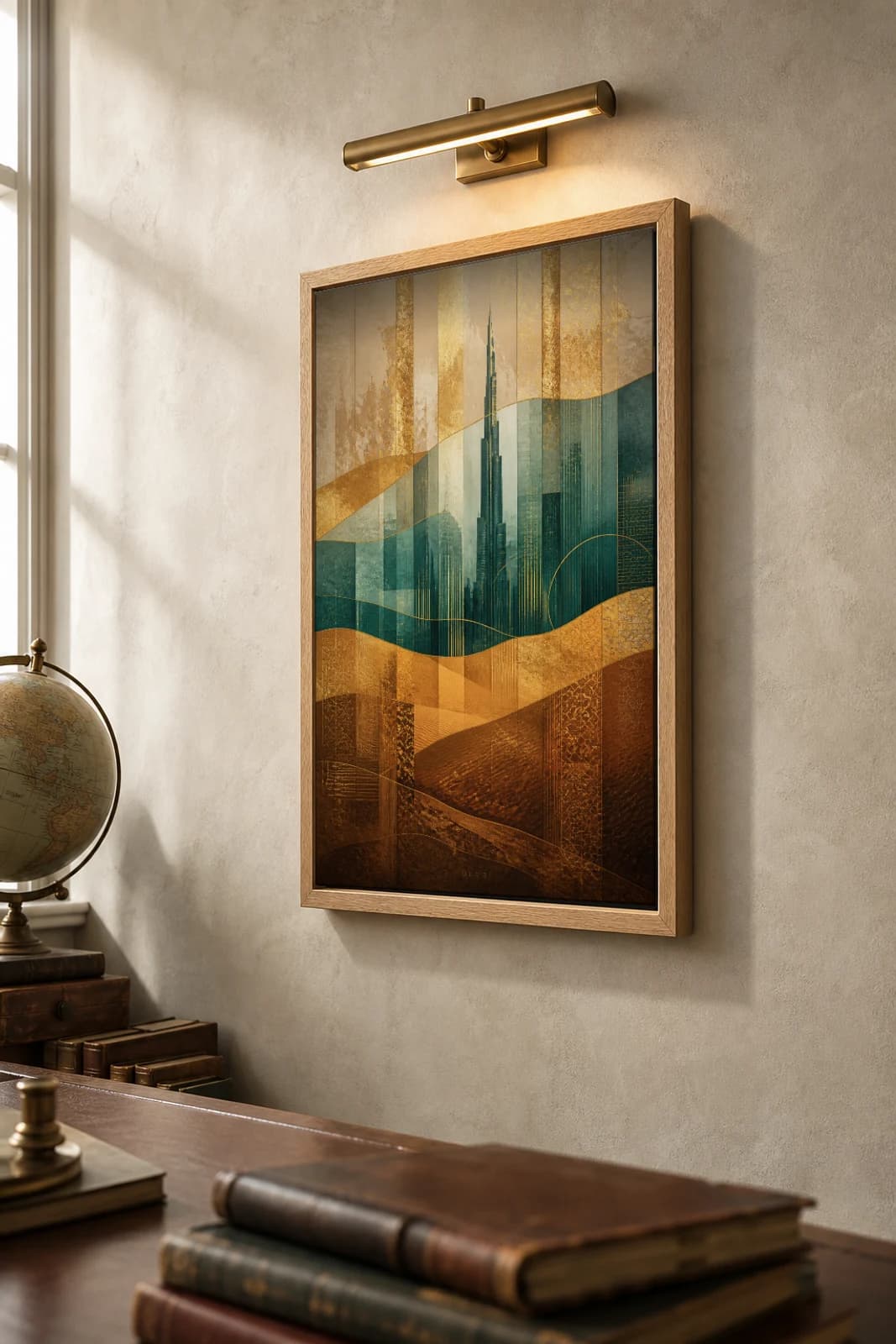 Dubai Poster — United Arab Emirates travel wall art · city print · framed A2 — the framed print shown at a three-quarter angle on a styled gallery wall in a natural-oak frame