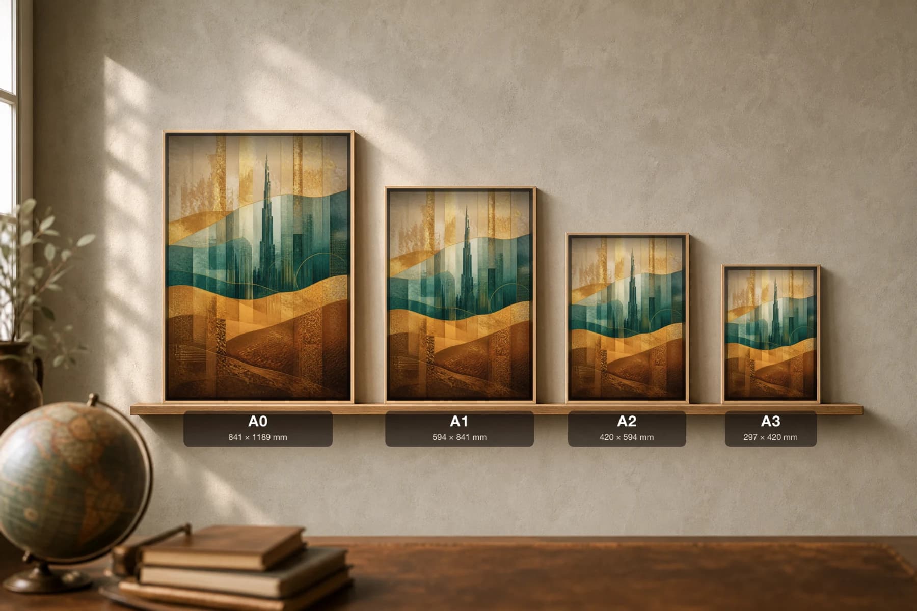 Dubai Poster — United Arab Emirates travel wall art · city print · framed A2 — print size guide showing the artwork at A0, A1, A2 and A3 in natural-oak frames at true relative scale