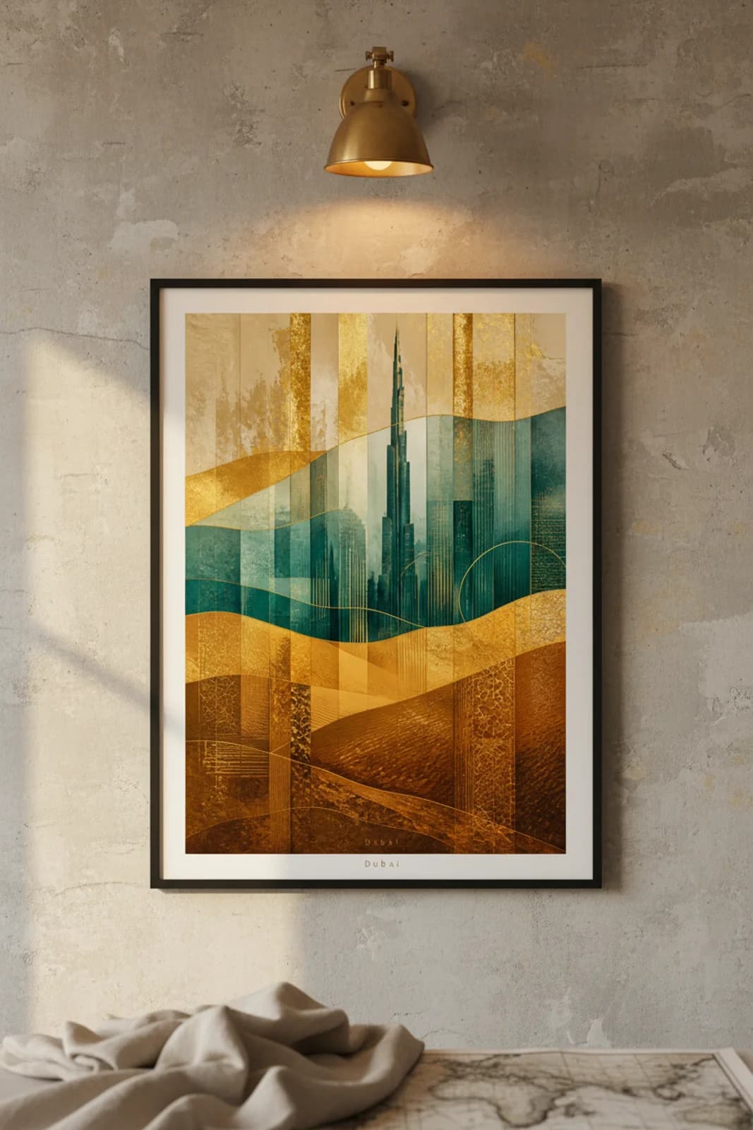 Dubai Suncities travel print in black A2 frame on gold-leaf concrete wall — Suncities mockup