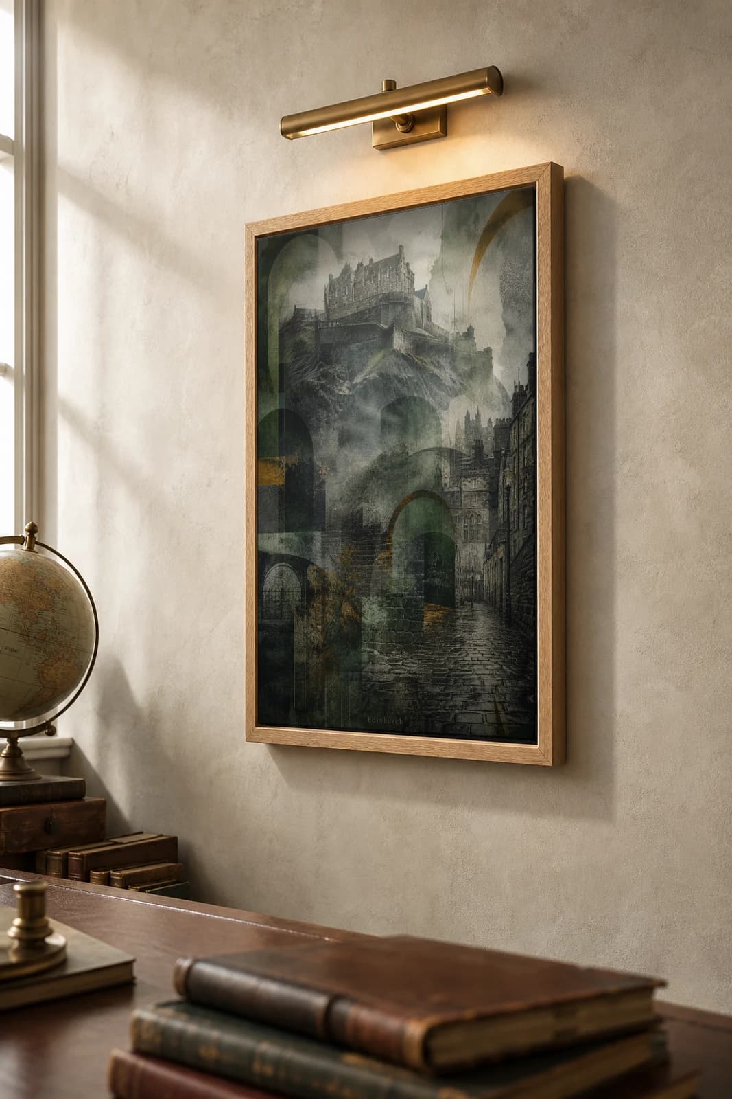 Edinburgh Poster — United Kingdom travel wall art · city print · framed A2 — the framed print shown at a three-quarter angle on a styled gallery wall in a natural-oak frame