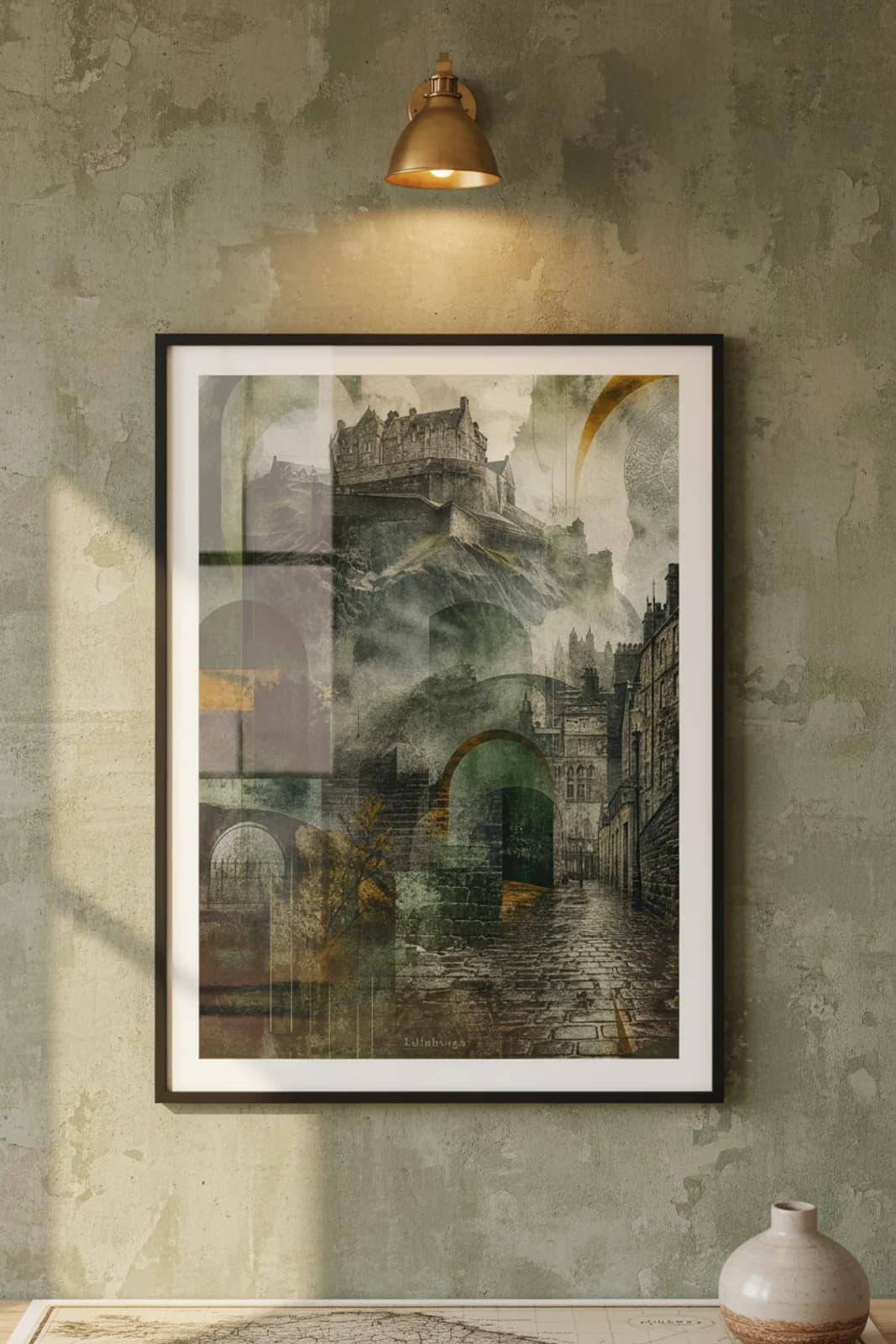 Edinburgh Suncities travel print in black A2 frame on forest-green concrete wall — Suncities mockup