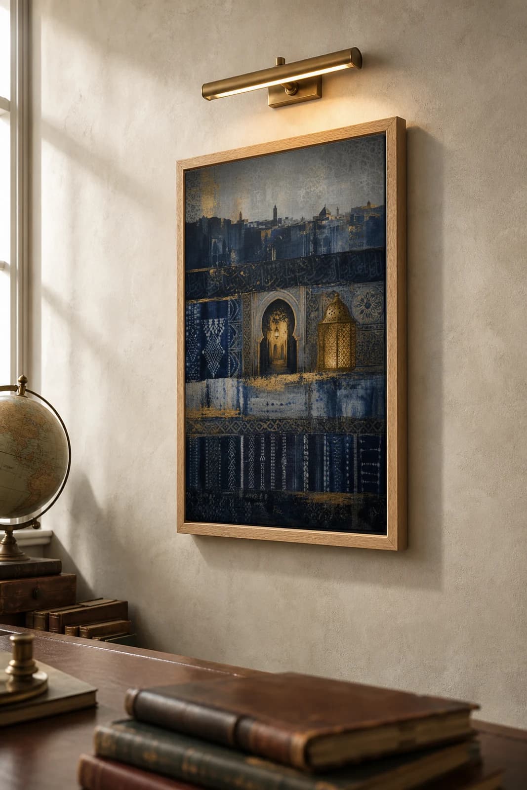 Fez Poster — Morocco travel wall art · city print · framed A2 — the framed print shown at a three-quarter angle on a styled gallery wall in a natural-oak frame