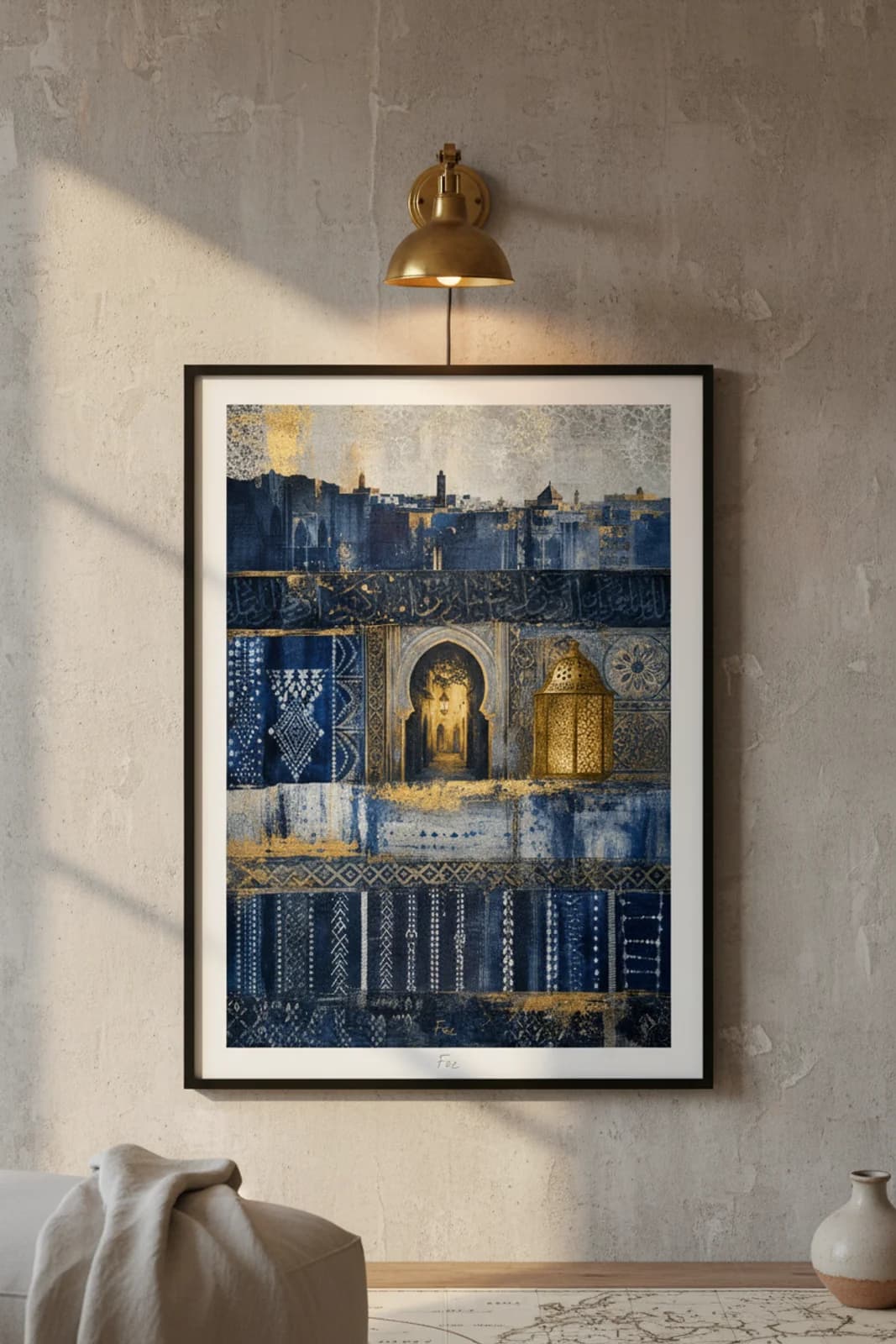 Fez Suncities travel print in black A2 frame on indigo-blue concrete wall — Suncities mockup