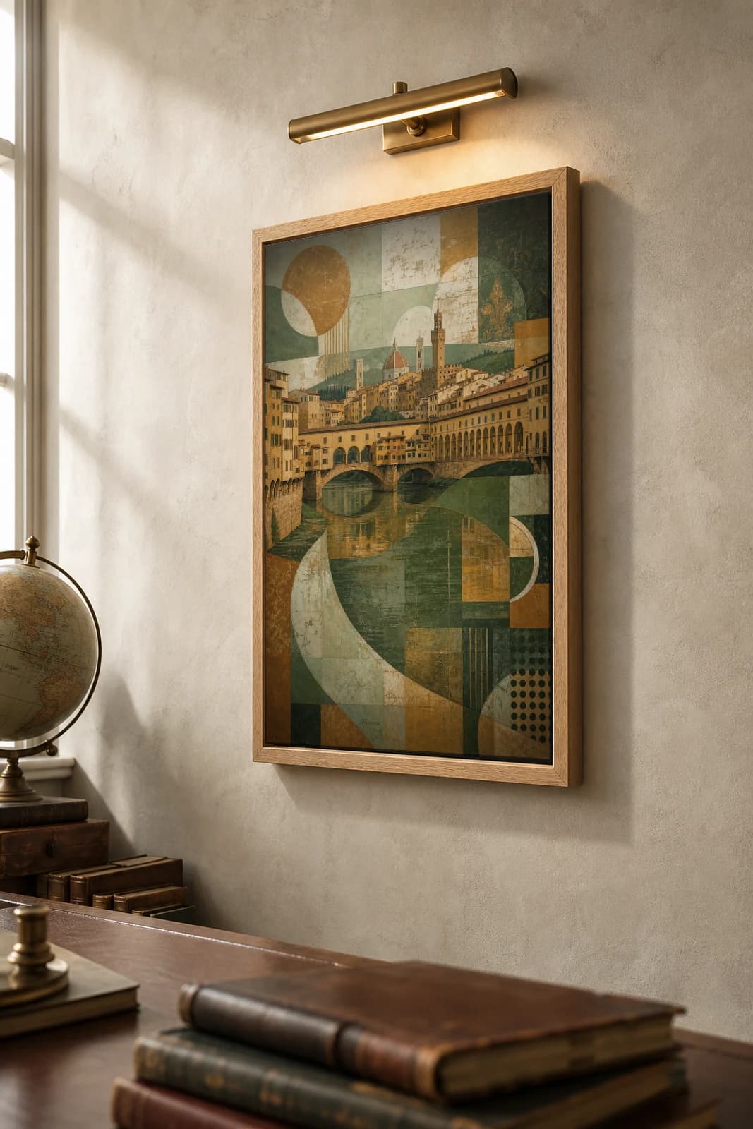 Florence Poster — Italy travel wall art · city print · framed A2 — the framed print shown at a three-quarter angle on a styled gallery wall in a natural-oak frame