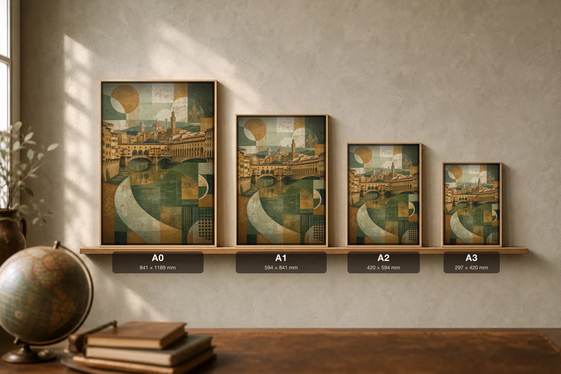 Florence Poster — Italy travel wall art · city print · framed A2 — print size guide showing the artwork at A0, A1, A2 and A3 in natural-oak frames at true relative scale