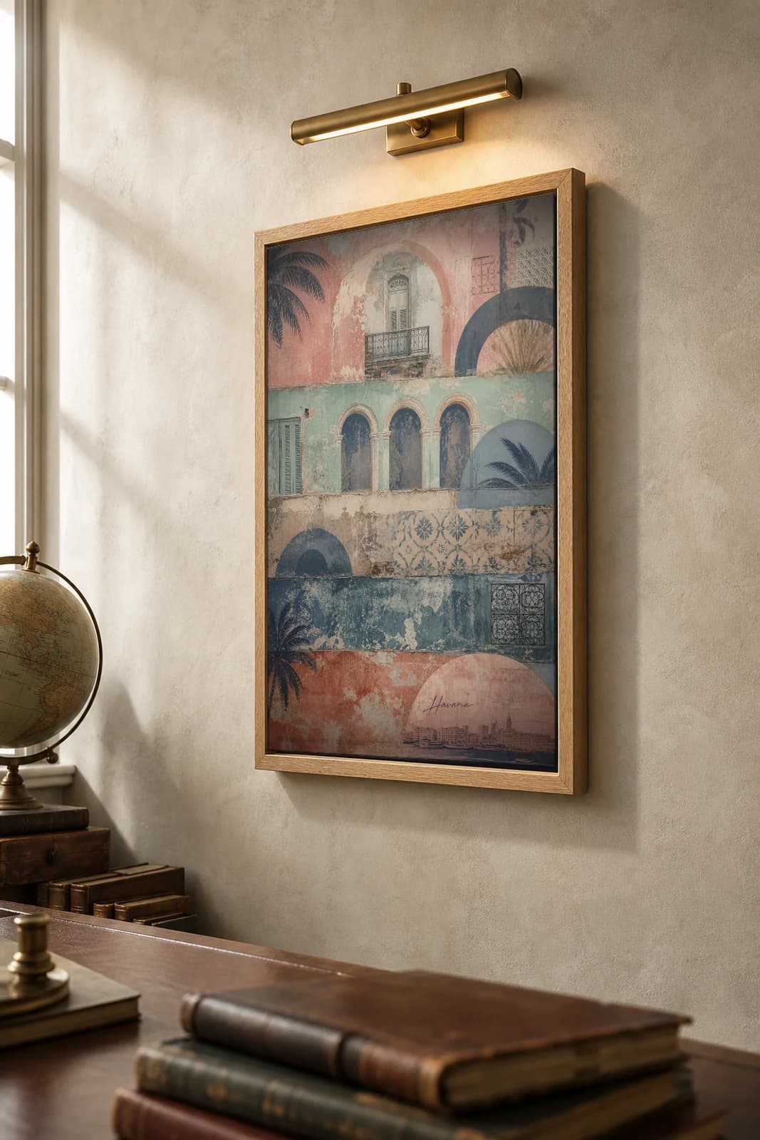 Havana Poster — Cuba travel wall art · city print · framed A2 — the framed print shown at a three-quarter angle on a styled gallery wall in a natural-oak frame