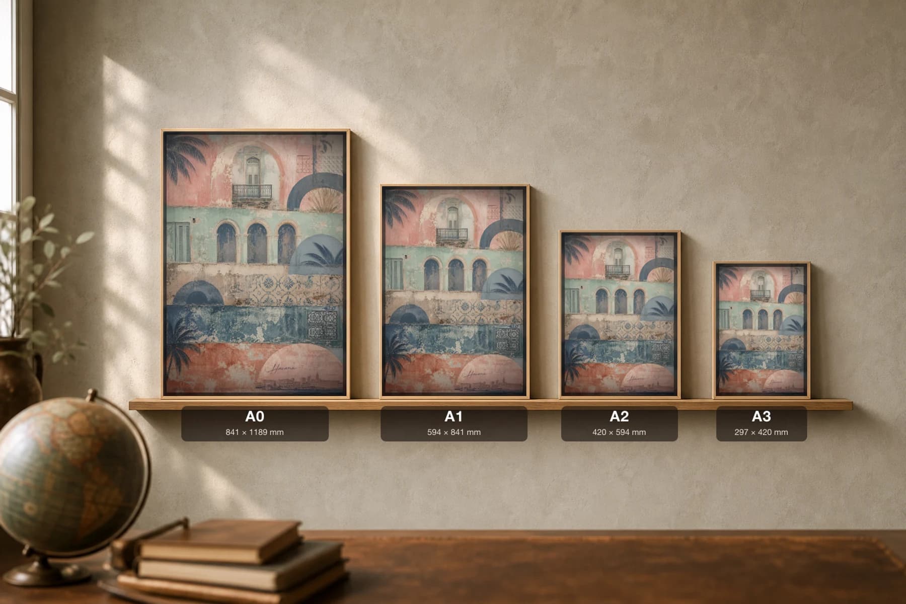 Havana Poster — Cuba travel wall art · city print · framed A2 — print size guide showing the artwork at A0, A1, A2 and A3 in natural-oak frames at true relative scale