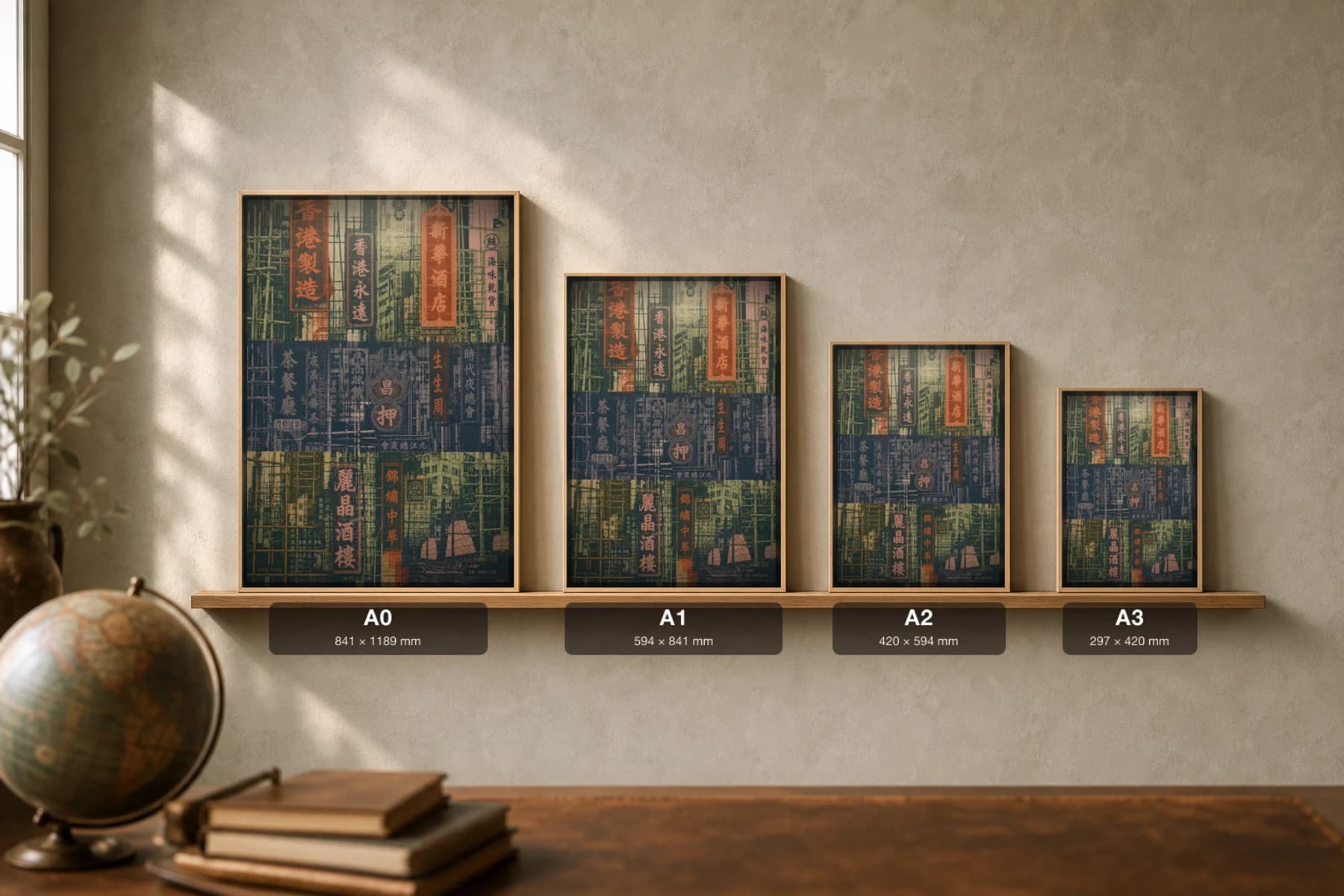 Hong Kong Poster — China travel wall art · city print · framed A2 — print size guide showing the artwork at A0, A1, A2 and A3 in natural-oak frames at true relative scale