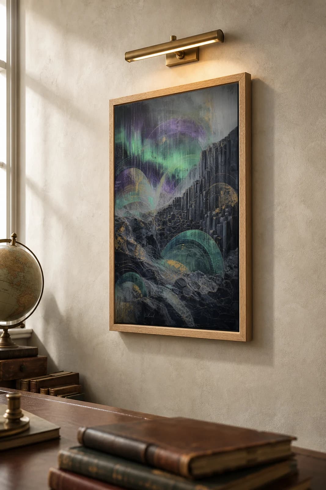 Iceland Poster — Iceland travel wall art · city print · framed A2 — the framed print shown at a three-quarter angle on a styled gallery wall in a natural-oak frame