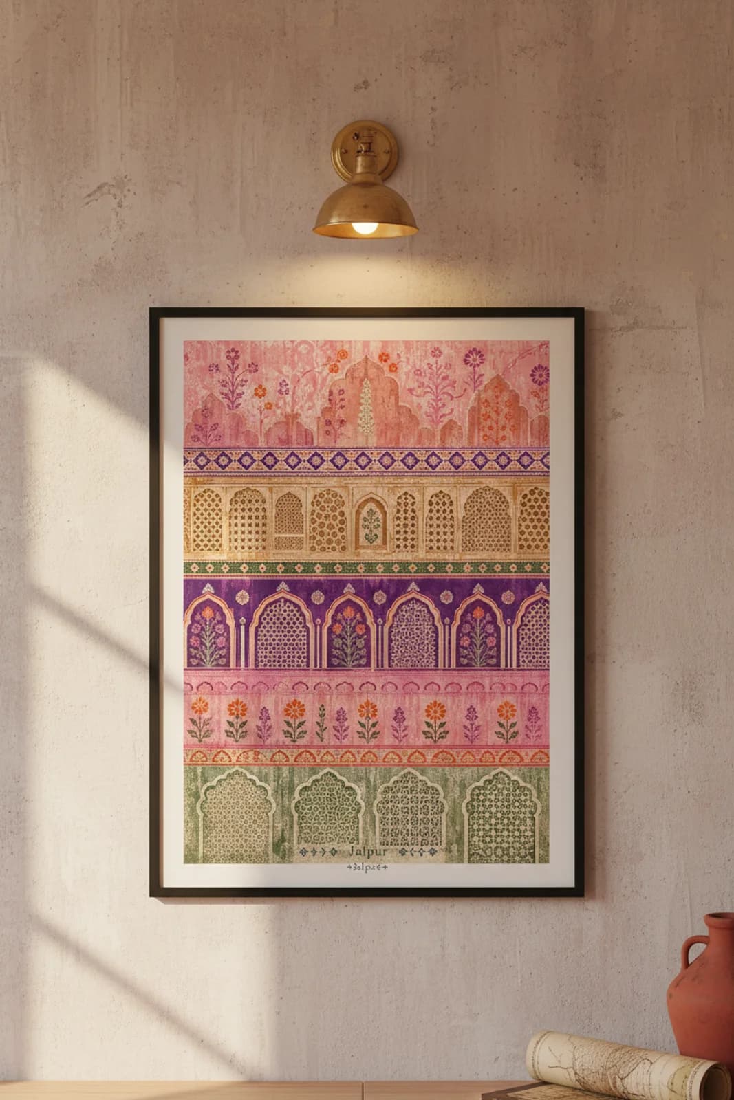 JAIPUR Suncities travel print in black A2 frame on jaipur-pink concrete wall — Suncities mockup