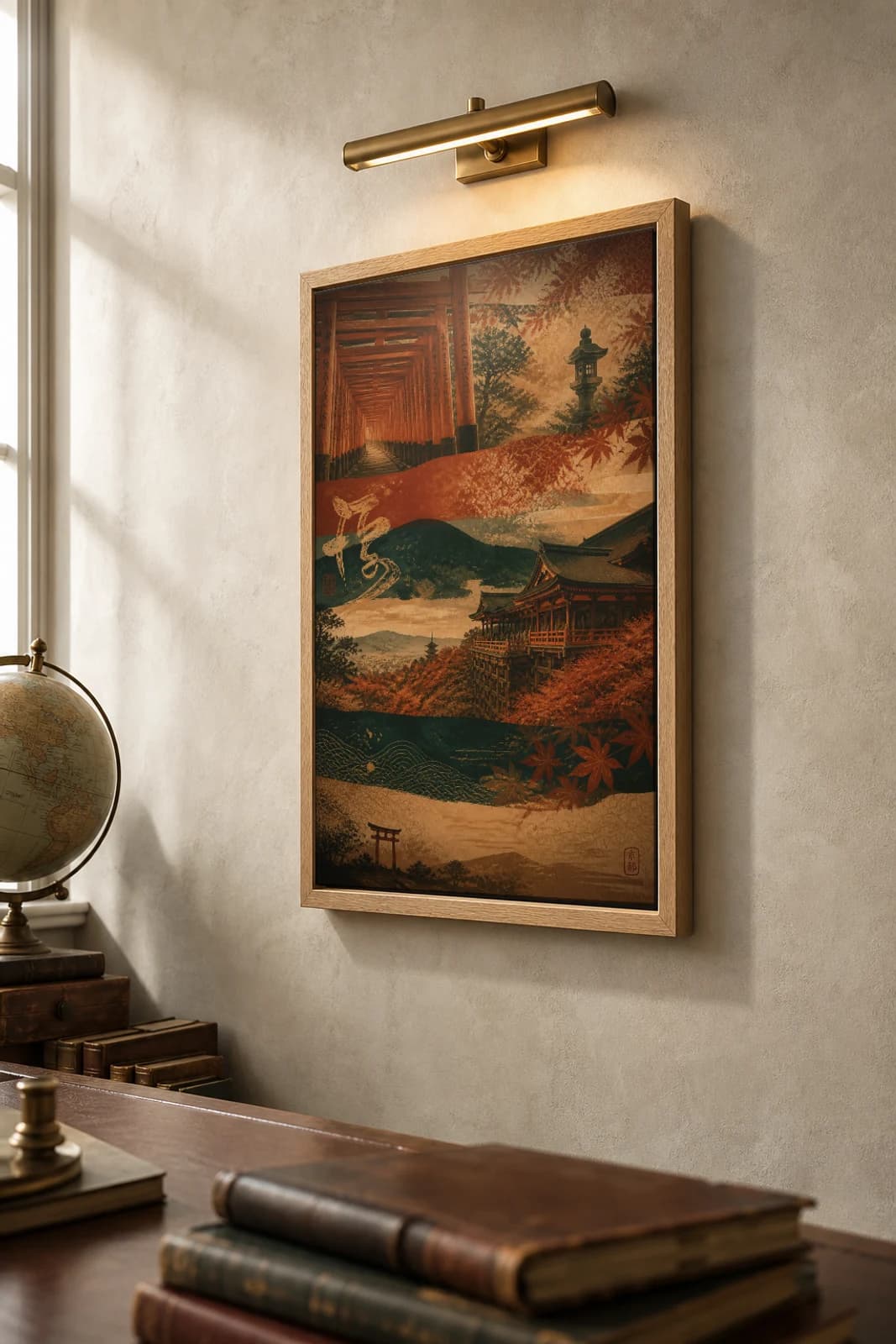 Kyoto Poster — Japan travel wall art · city print · framed A2 — the framed print shown at a three-quarter angle on a styled gallery wall in a natural-oak frame