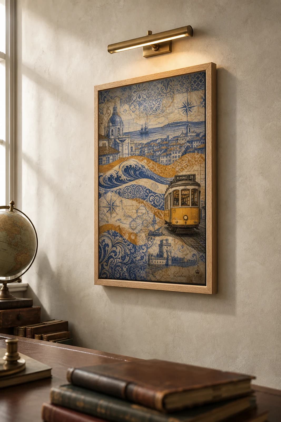 Lisbon Poster — Portugal travel wall art · city print · framed A2 — the framed print shown at a three-quarter angle on a styled gallery wall in a natural-oak frame