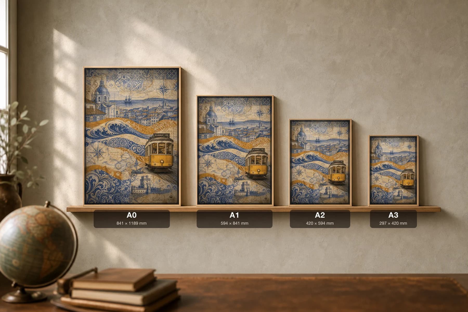 Lisbon Poster — Portugal travel wall art · city print · framed A2 — print size guide showing the artwork at A0, A1, A2 and A3 in natural-oak frames at true relative scale