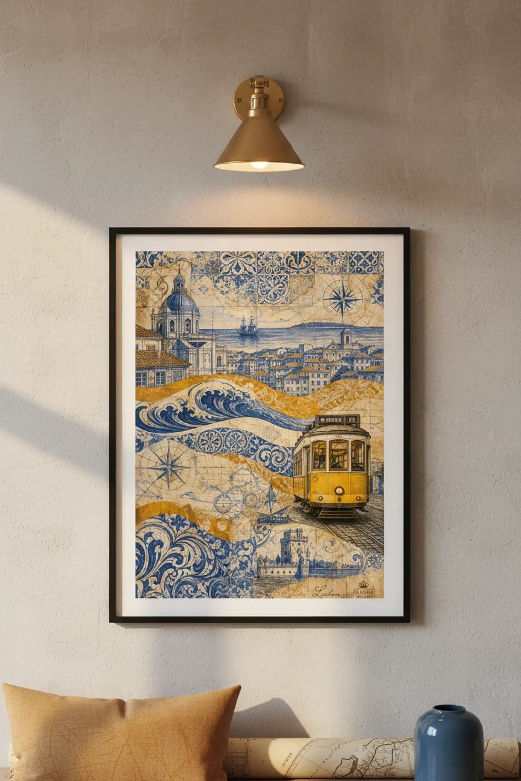 Lisbon Suncities travel print in black A2 frame on azulejo-blue concrete wall — Suncities mockup