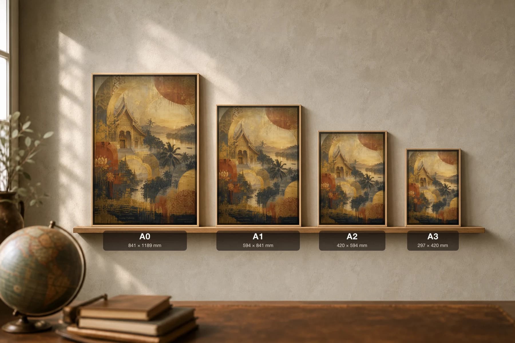 Luang Prabang Poster — Laos travel wall art · city print · framed A2 — print size guide showing the artwork at A0, A1, A2 and A3 in natural-oak frames at true relative scale