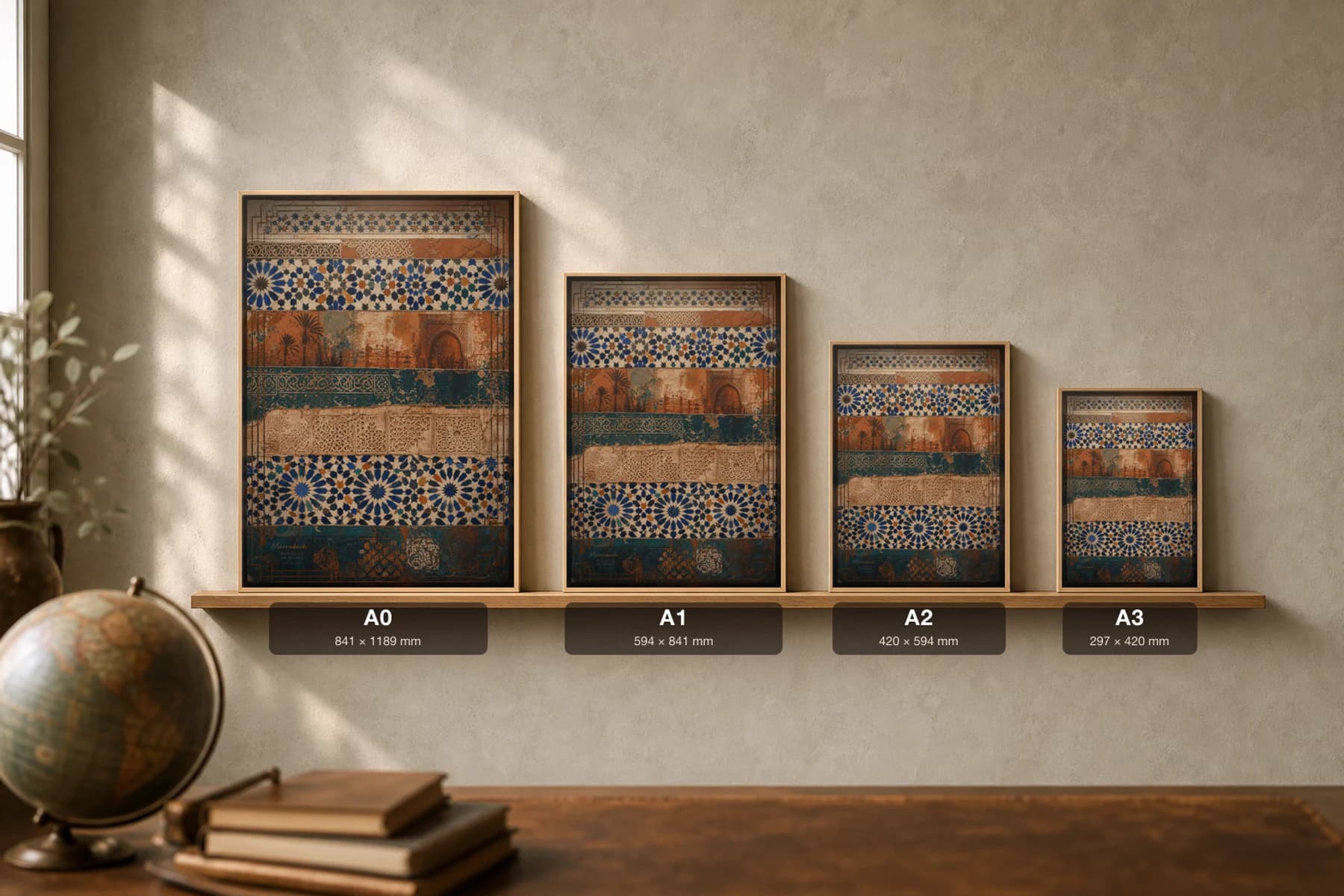 Marrakech Poster — Morocco travel wall art · city print · framed A2 — print size guide showing the artwork at A0, A1, A2 and A3 in natural-oak frames at true relative scale