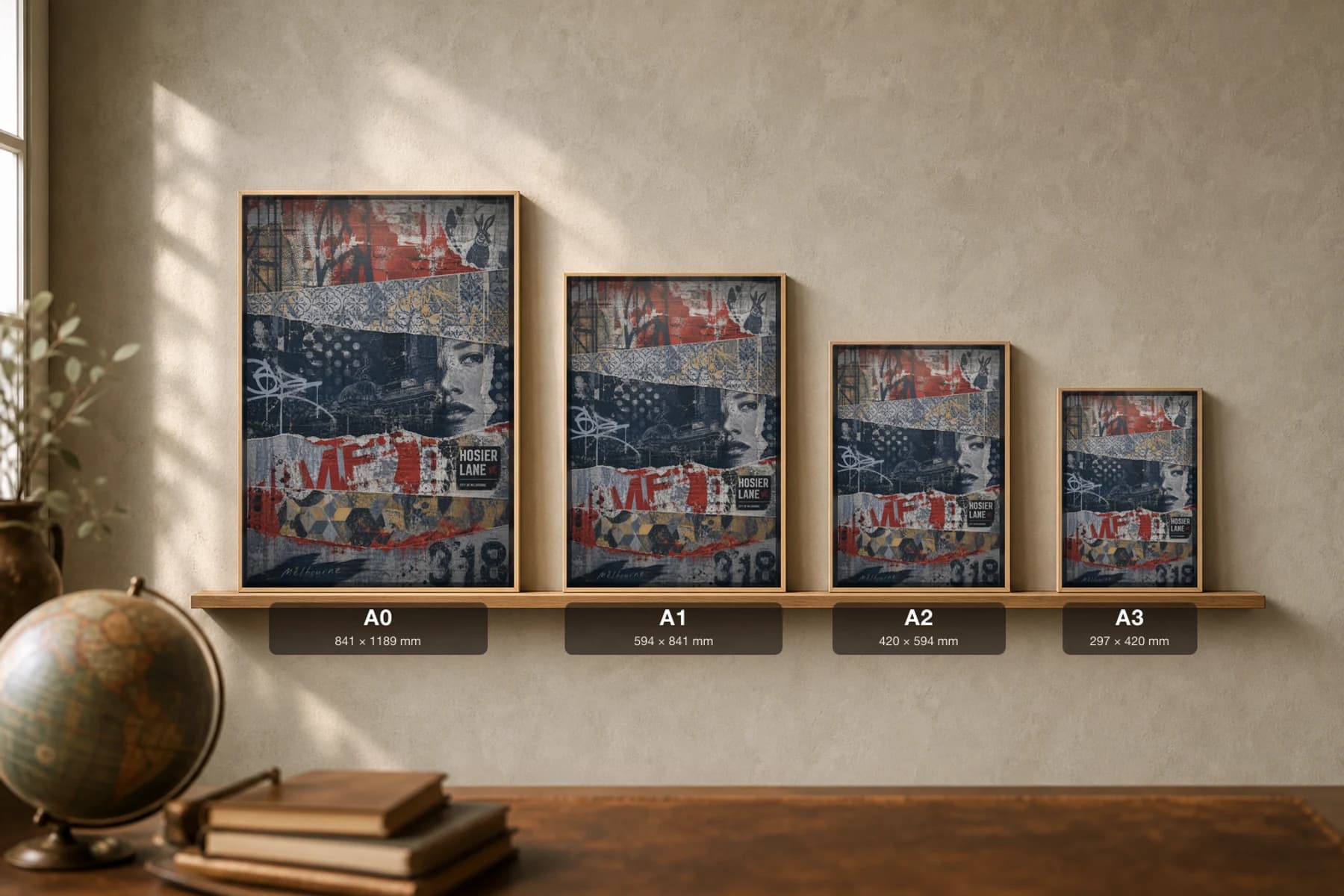 Melbourne Poster — Australia travel wall art · city print · framed A2 — print size guide showing the artwork at A0, A1, A2 and A3 in natural-oak frames at true relative scale