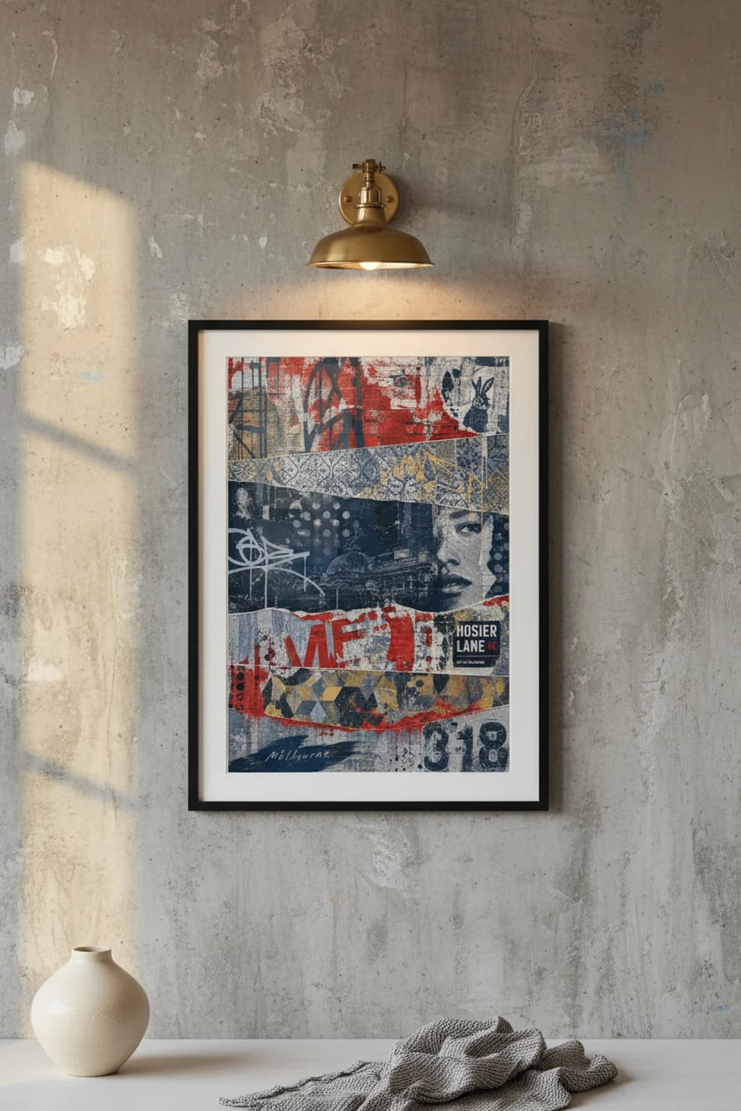 Melbourne Suncities travel print in black A2 frame on navy-blue concrete wall — Suncities mockup