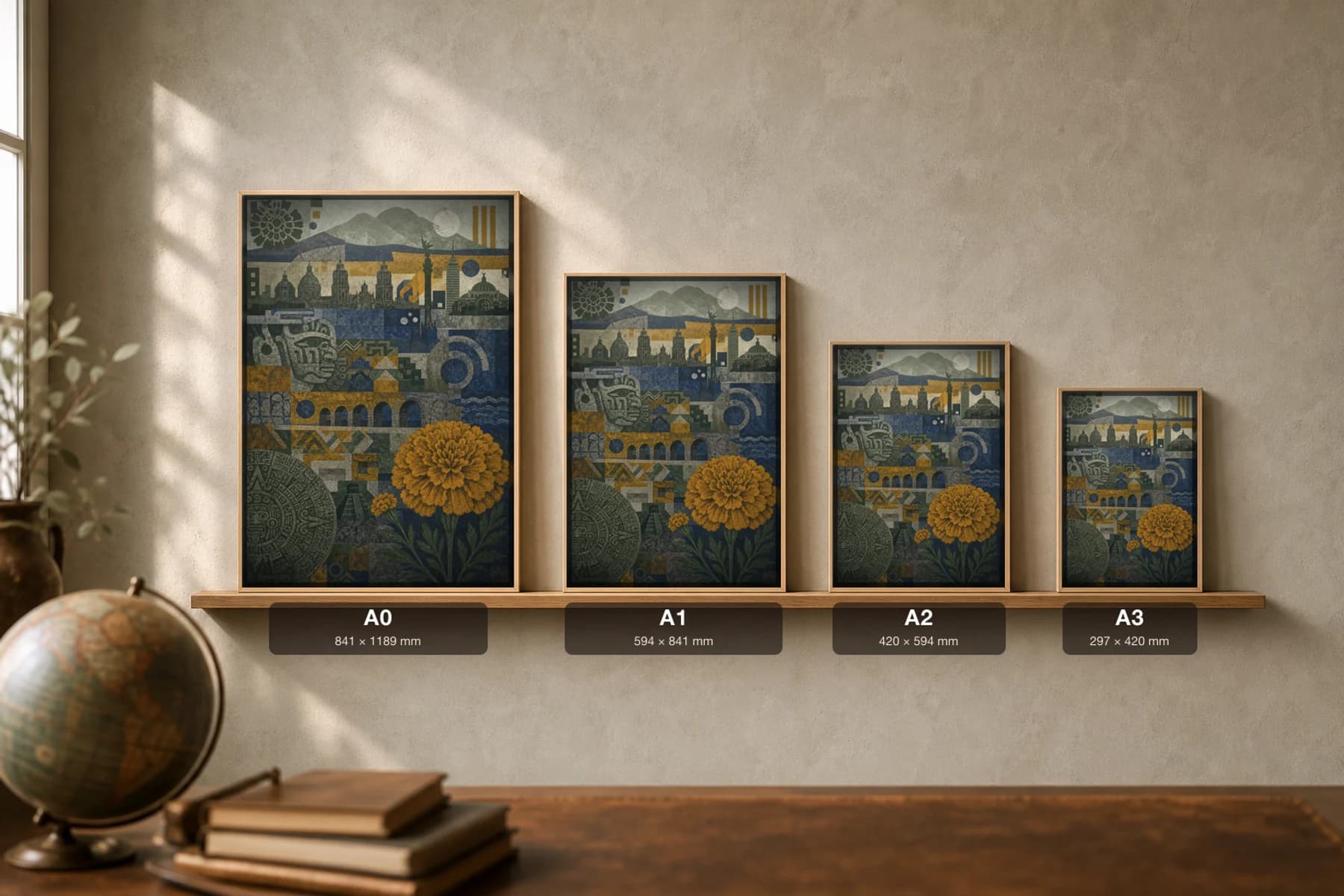 Mexico City Poster — Mexico travel wall art · city print · framed A2 — print size guide showing the artwork at A0, A1, A2 and A3 in natural-oak frames at true relative scale