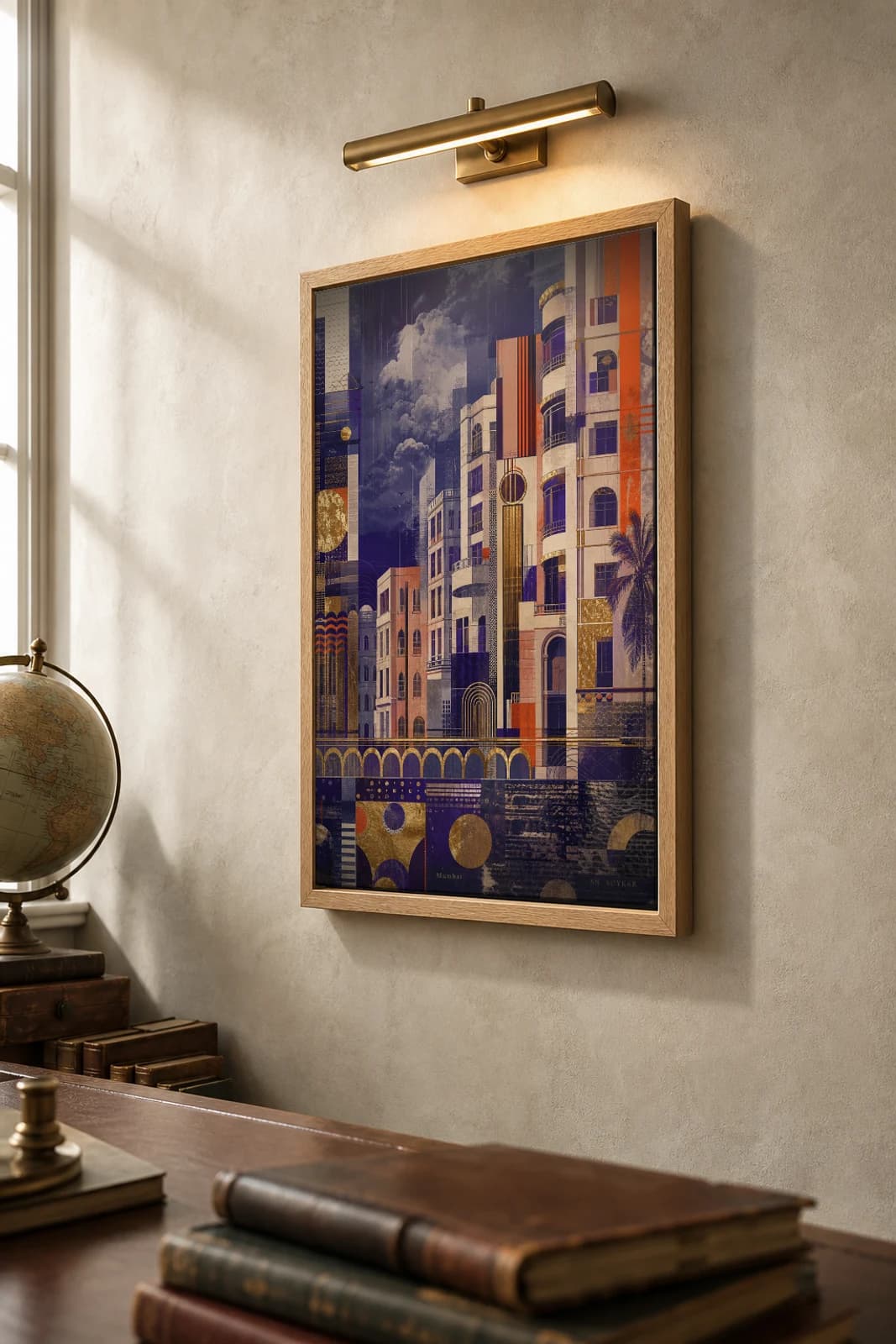 Mumbai Poster — India travel wall art · city print · framed A2 — the framed print shown at a three-quarter angle on a styled gallery wall in a natural-oak frame
