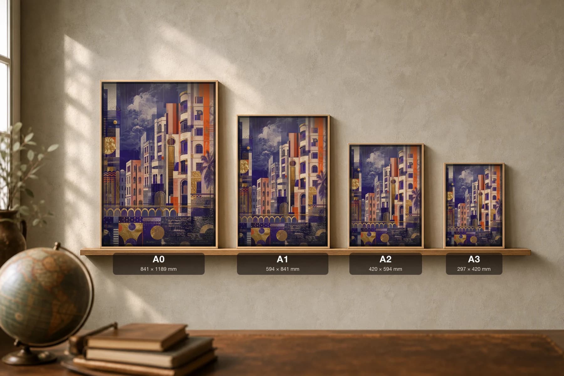 Mumbai Poster — India travel wall art · city print · framed A2 — print size guide showing the artwork at A0, A1, A2 and A3 in natural-oak frames at true relative scale