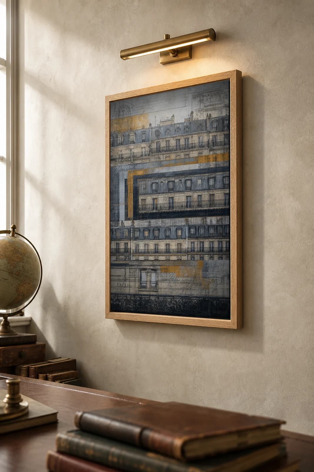 Paris Poster — France travel wall art · city print · framed A2 — the framed print shown at a three-quarter angle on a styled gallery wall in a natural-oak frame