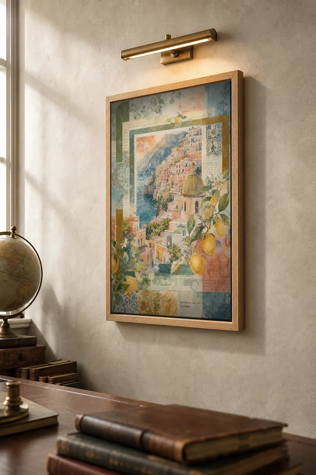 Positano Poster — Italy travel wall art · city print · framed A2 — the framed print shown at a three-quarter angle on a styled gallery wall in a natural-oak frame