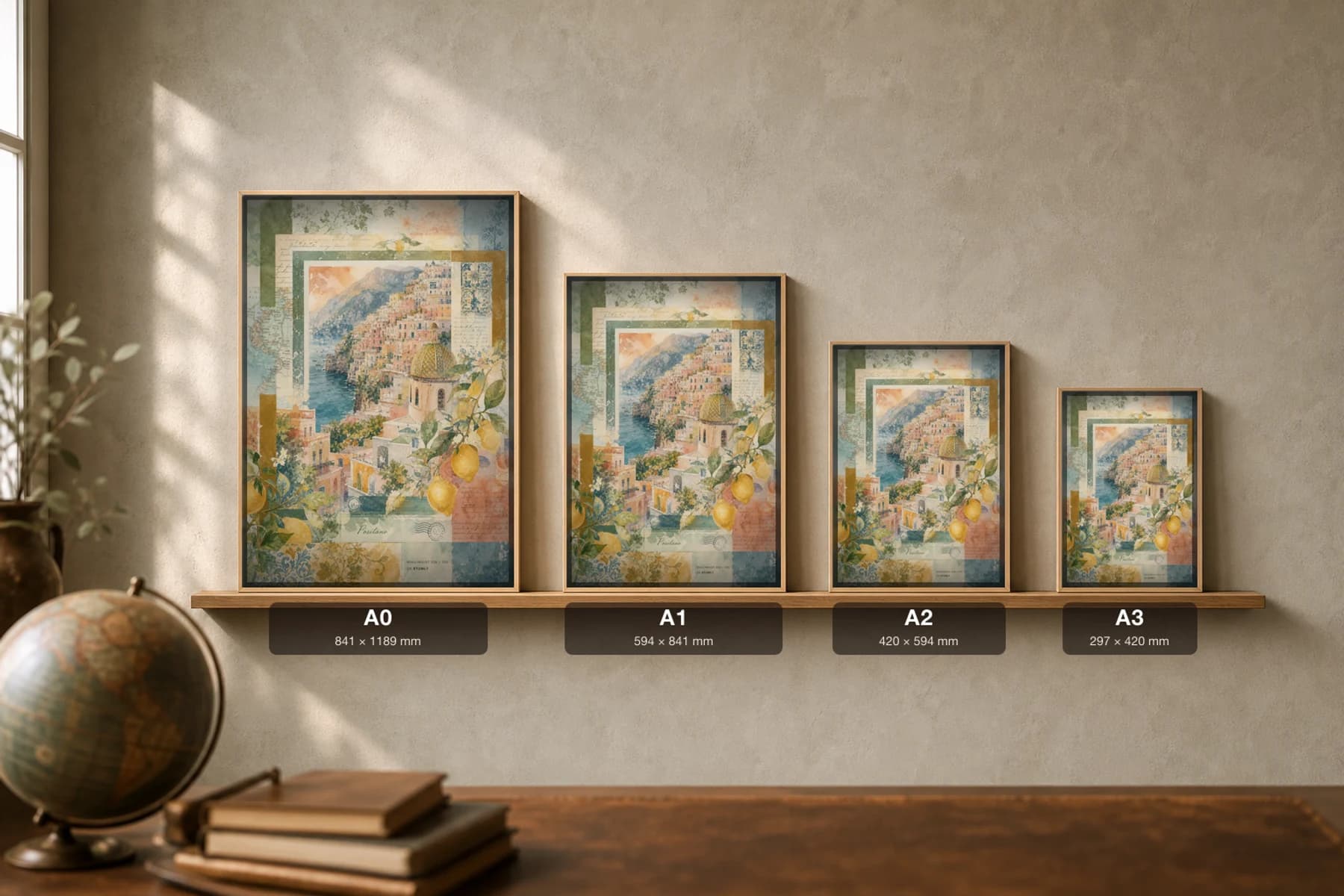 Positano Poster — Italy travel wall art · city print · framed A2 — print size guide showing the artwork at A0, A1, A2 and A3 in natural-oak frames at true relative scale