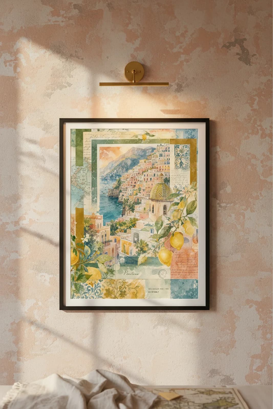 Positano Suncities travel print in black A2 frame on terracotta concrete wall — Suncities mockup