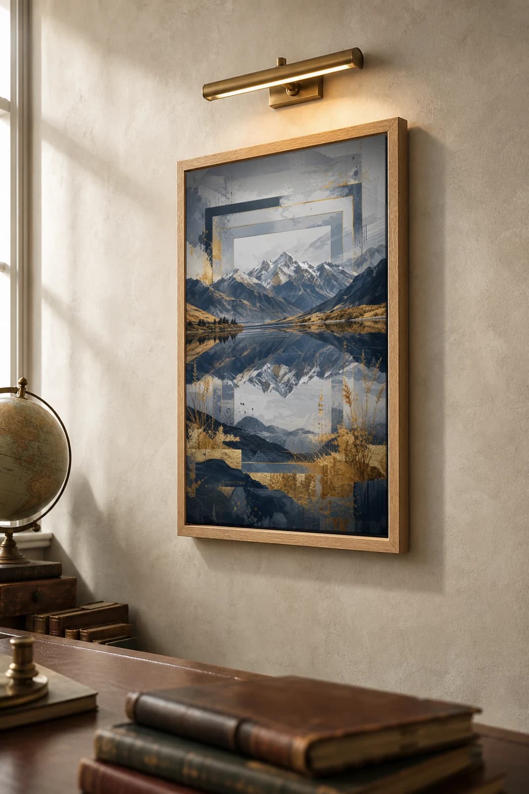 Queenstown Poster — New Zealand travel wall art · city print · framed A2 — the framed print shown at a three-quarter angle on a styled gallery wall in a natural-oak frame