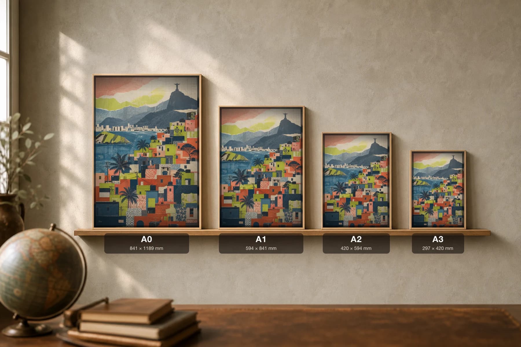 Rio de Janeiro Poster — Brazil travel wall art · city print · framed A2 — print size guide showing the artwork at A0, A1, A2 and A3 in natural-oak frames at true relative scale