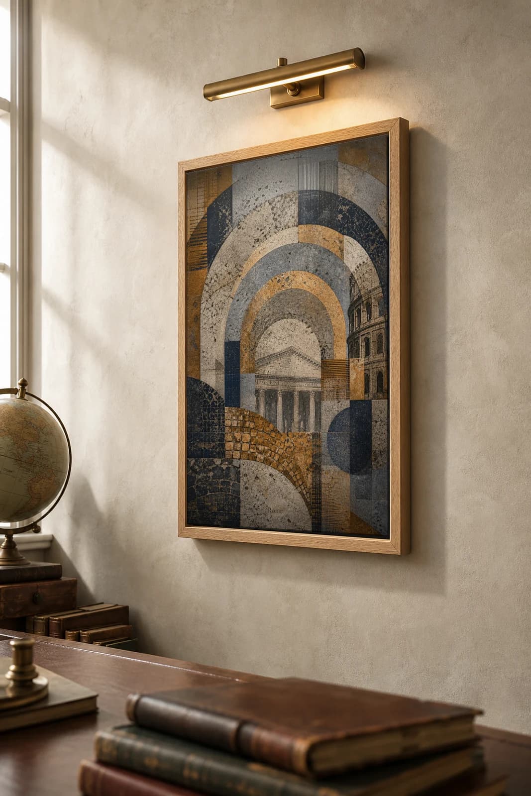 Rome Poster — Italy travel wall art · city print · framed A2 — the framed print shown at a three-quarter angle on a styled gallery wall in a natural-oak frame