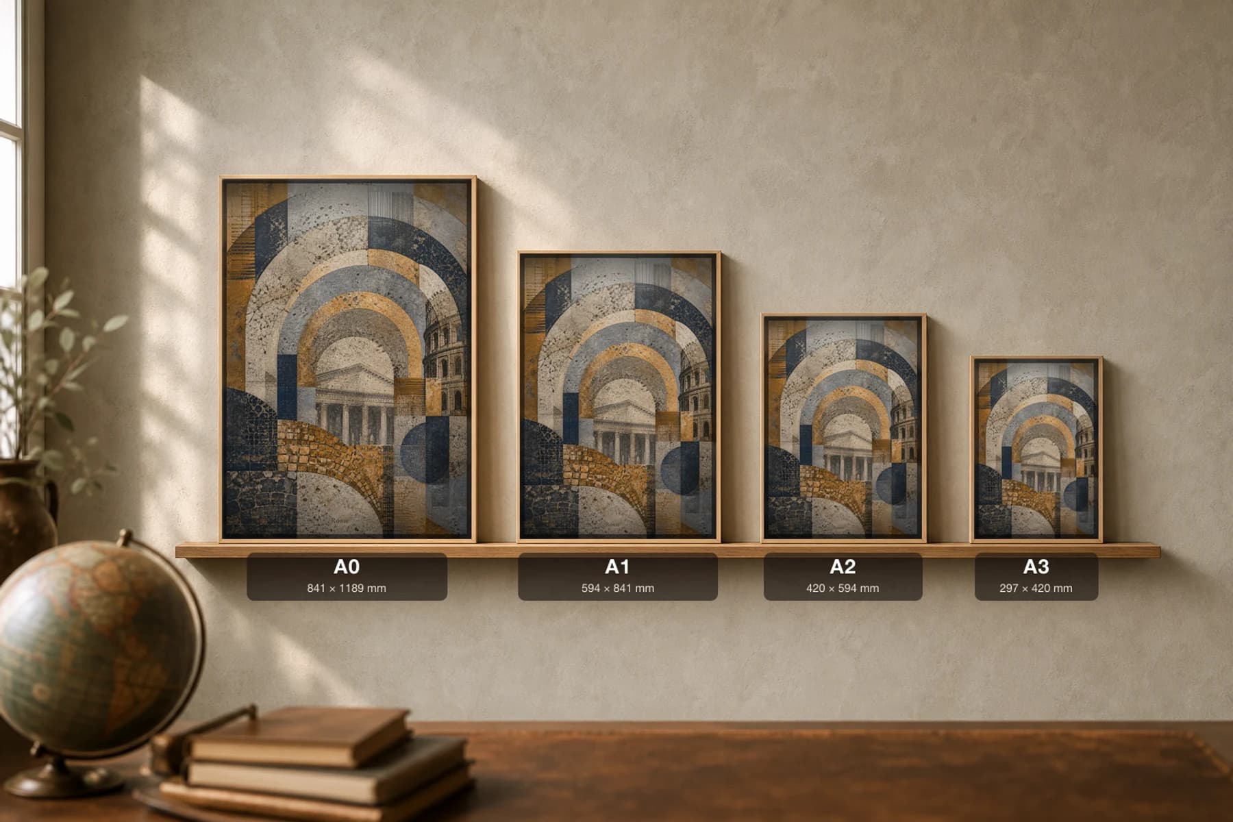 Rome Poster — Italy travel wall art · city print · framed A2 — print size guide showing the artwork at A0, A1, A2 and A3 in natural-oak frames at true relative scale