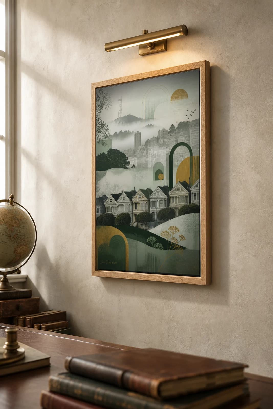 San Francisco Poster — United States travel wall art · city print · framed A2 — the framed print shown at a three-quarter angle on a styled gallery wall in a natural-oak frame