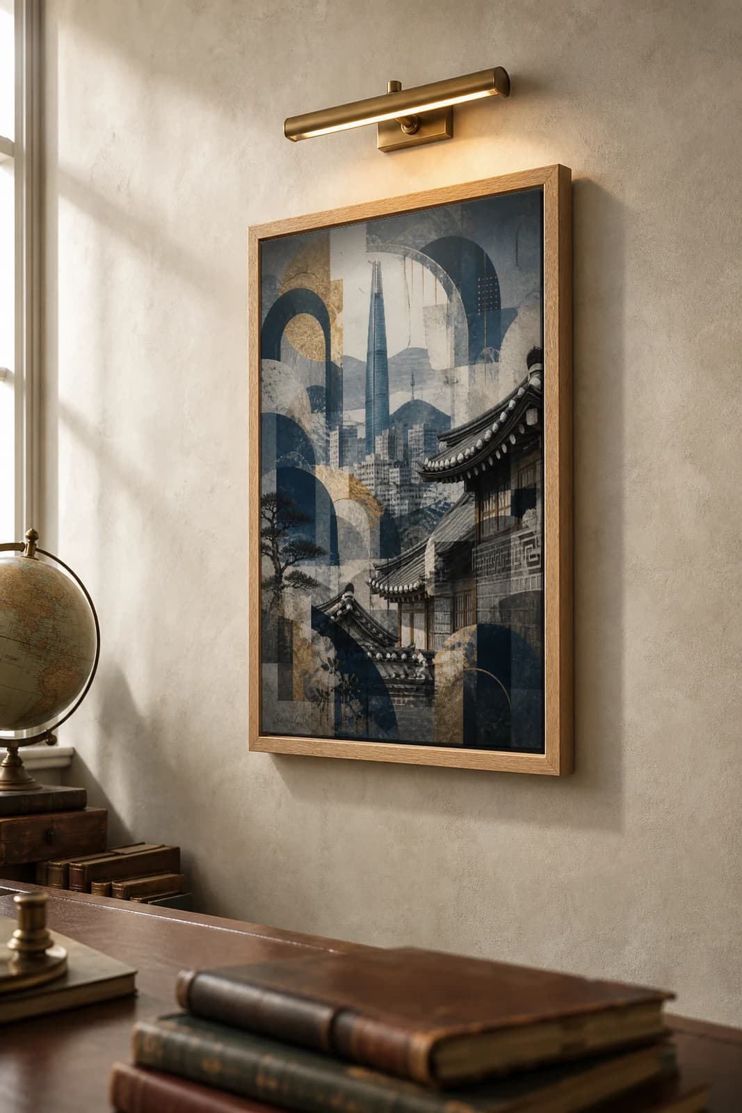 Seoul Poster — South Korea travel wall art · city print · framed A2 — the framed print shown at a three-quarter angle on a styled gallery wall in a natural-oak frame
