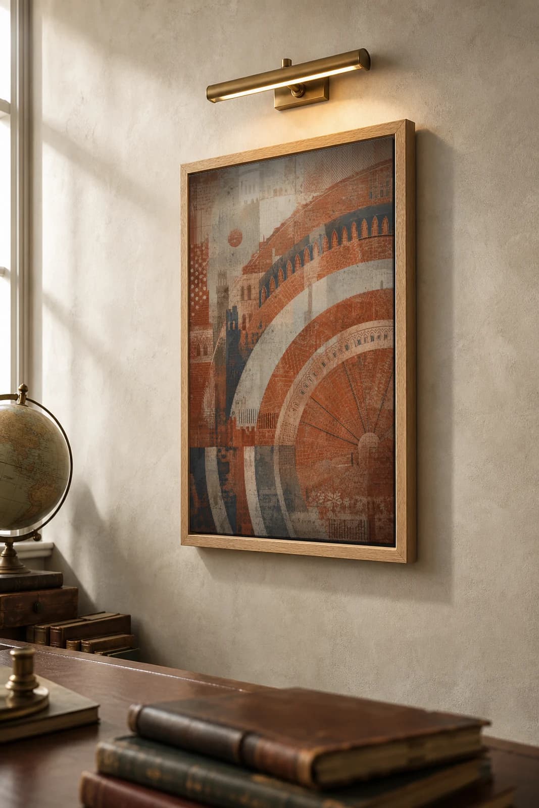Siena Poster — Italy travel wall art · city print · framed A2 — the framed print shown at a three-quarter angle on a styled gallery wall in a natural-oak frame