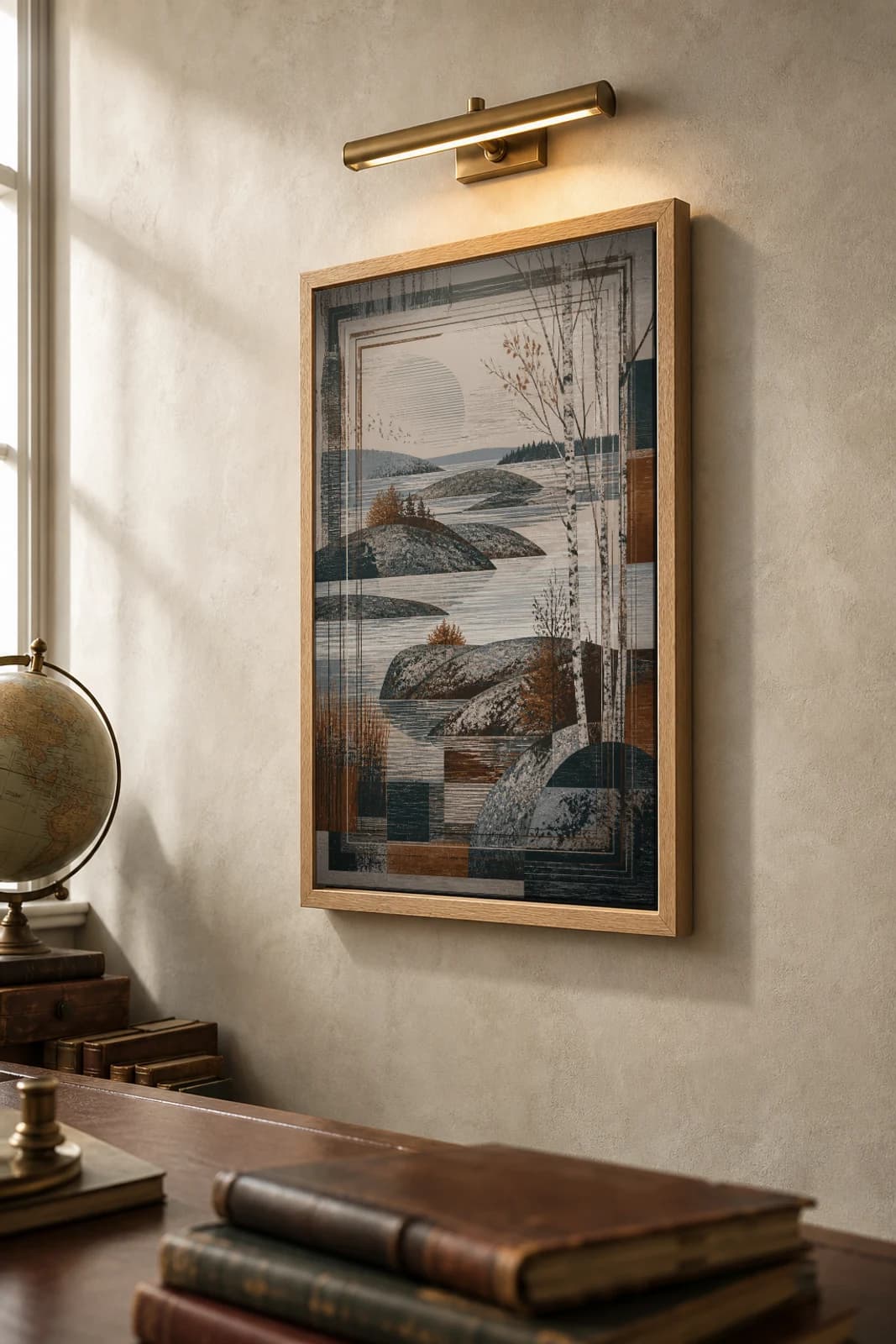 Stockholm Poster — Sweden travel wall art · city print · framed A2 — the framed print shown at a three-quarter angle on a styled gallery wall in a natural-oak frame
