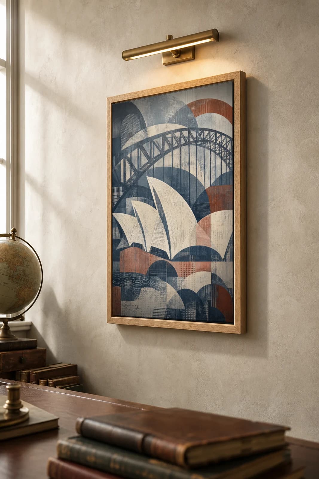 Sydney Poster — Australia travel wall art · city print · framed A2 — the framed print shown at a three-quarter angle on a styled gallery wall in a natural-oak frame