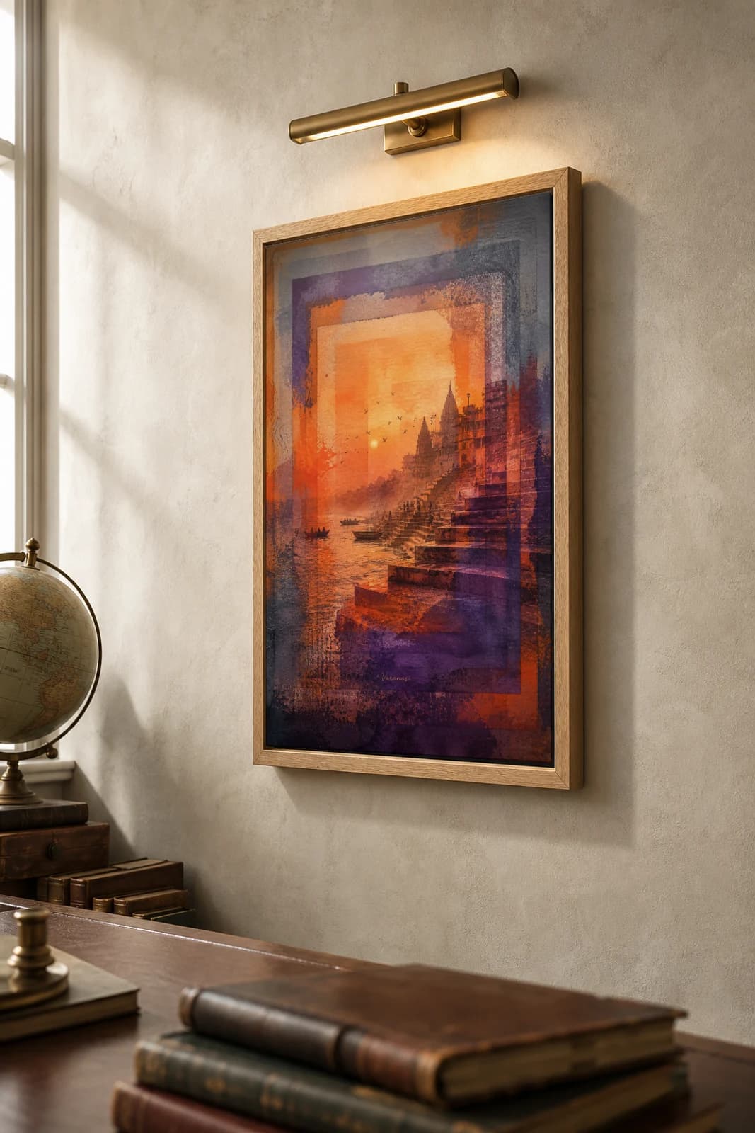 Varanasi Poster — India travel wall art · city print · framed A2 — the framed print shown at a three-quarter angle on a styled gallery wall in a natural-oak frame