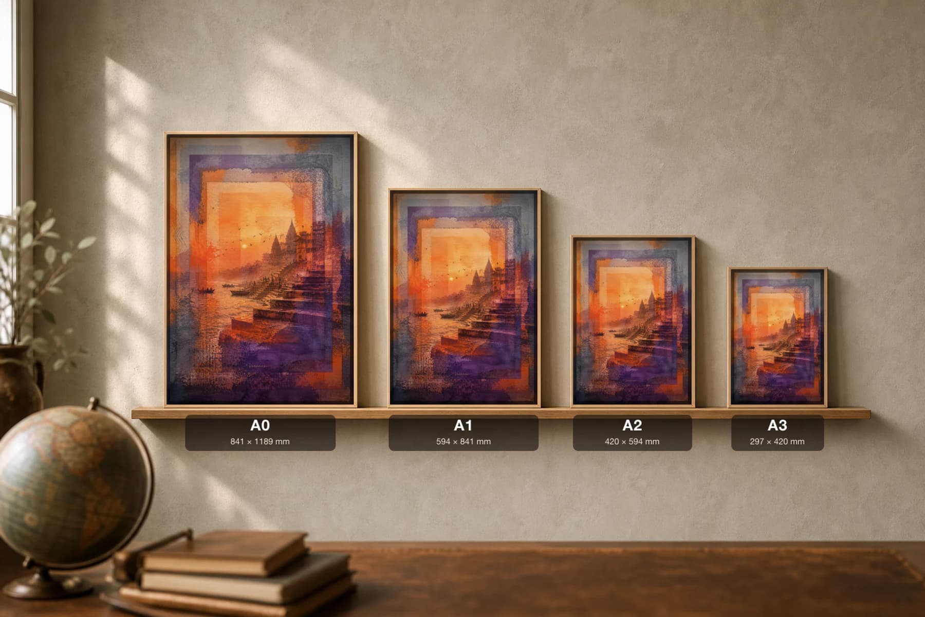 Varanasi Poster — India travel wall art · city print · framed A2 — print size guide showing the artwork at A0, A1, A2 and A3 in natural-oak frames at true relative scale