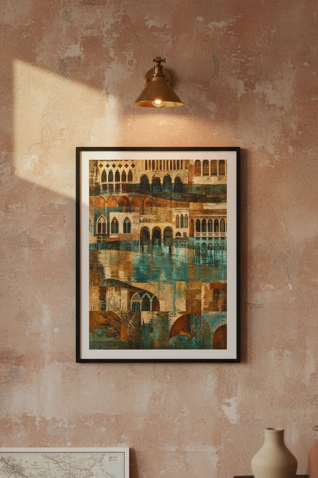 Venice Suncities travel print in black A2 frame on terracotta concrete wall — Suncities mockup