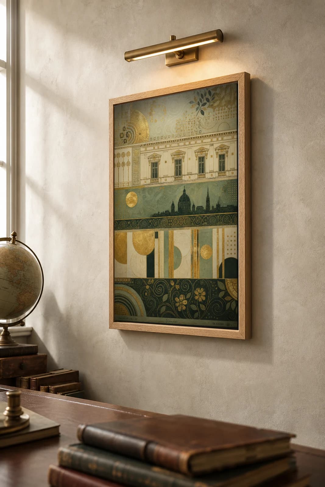 Vienna Poster — Austria travel wall art · city print · framed A2 — the framed print shown at a three-quarter angle on a styled gallery wall in a natural-oak frame