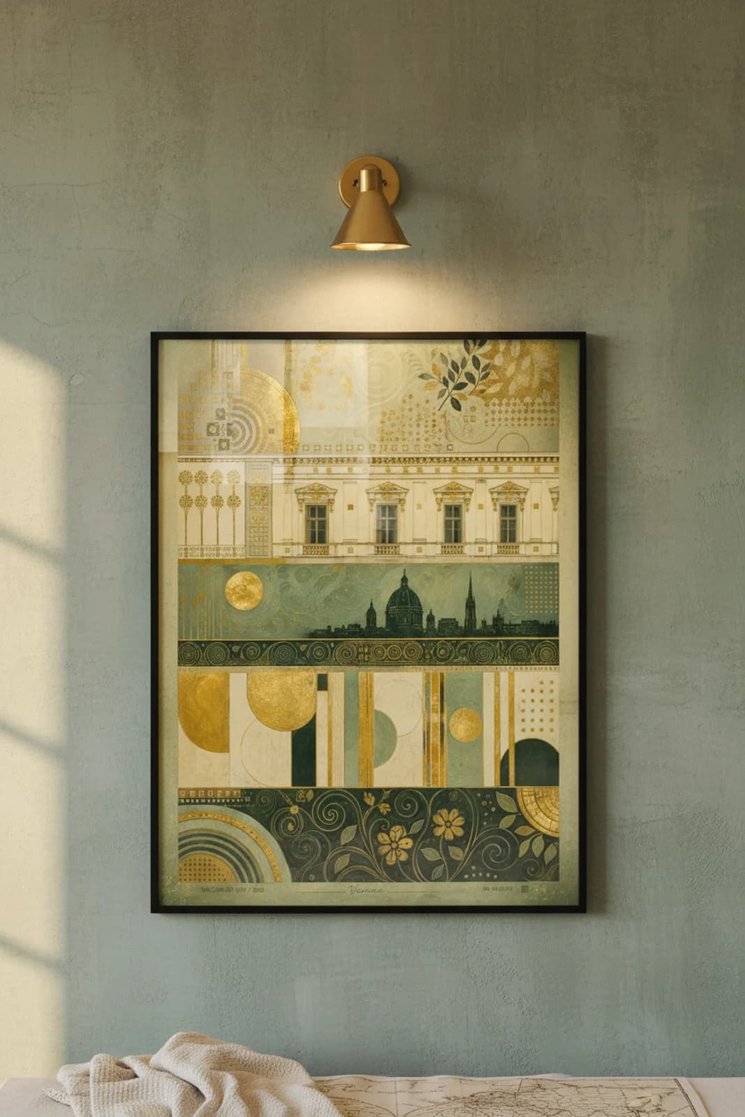Vienna Suncities travel print in black A2 frame on gold-leaf concrete wall — Suncities mockup