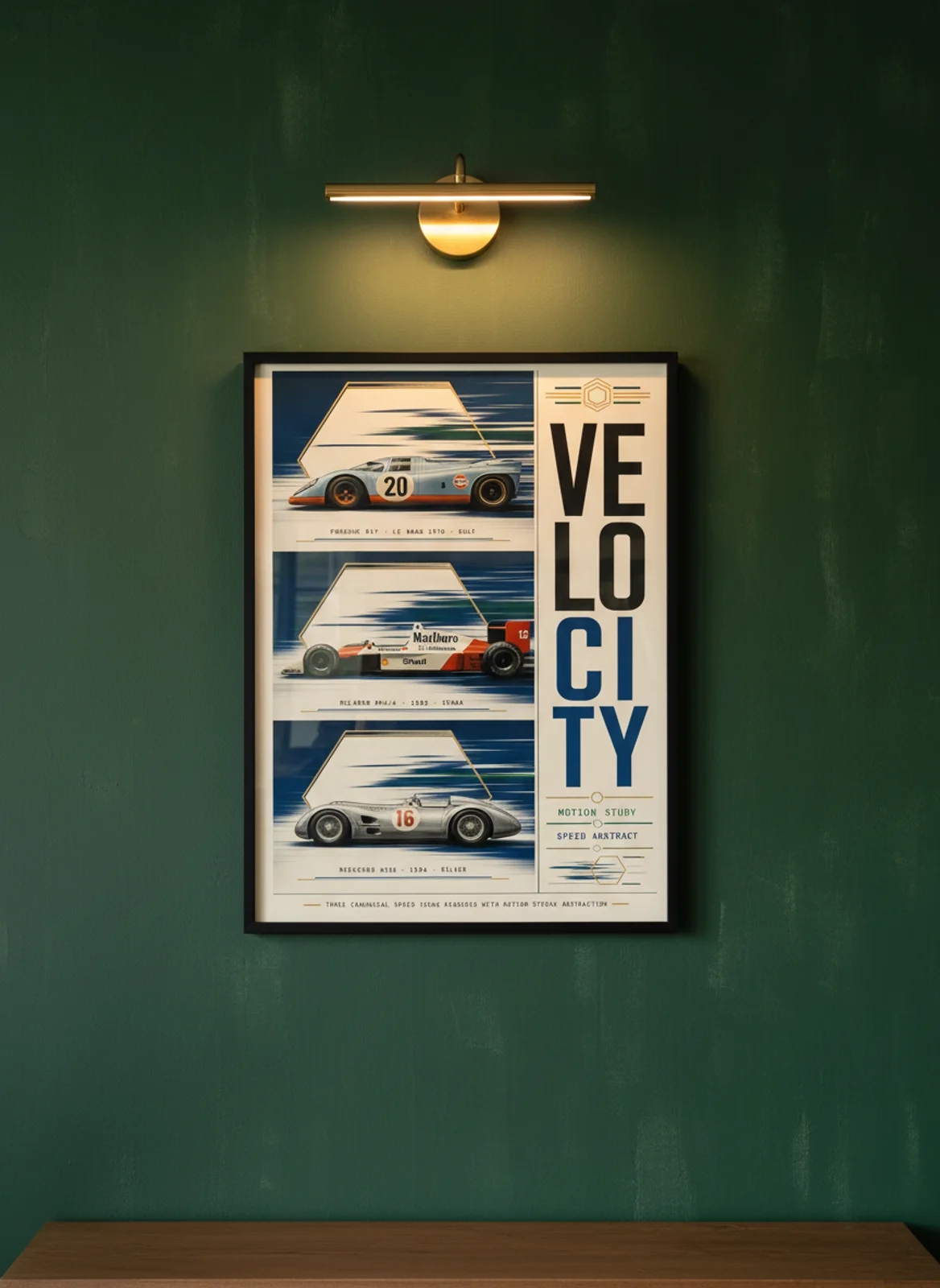 Velocity three-panel gallery set in black A2 frame on forest-green lime-wash wall — Gallery Sets mockup