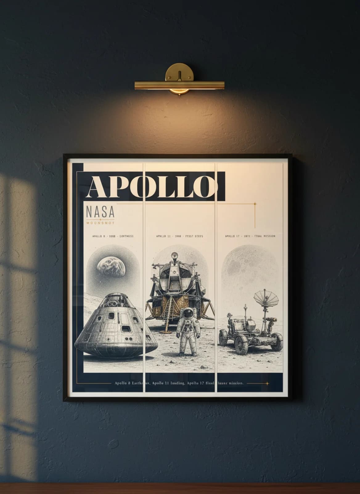 Apollo three-panel gallery set in black A2 frame on navy-blue lime-wash wall — Gallery Sets mockup