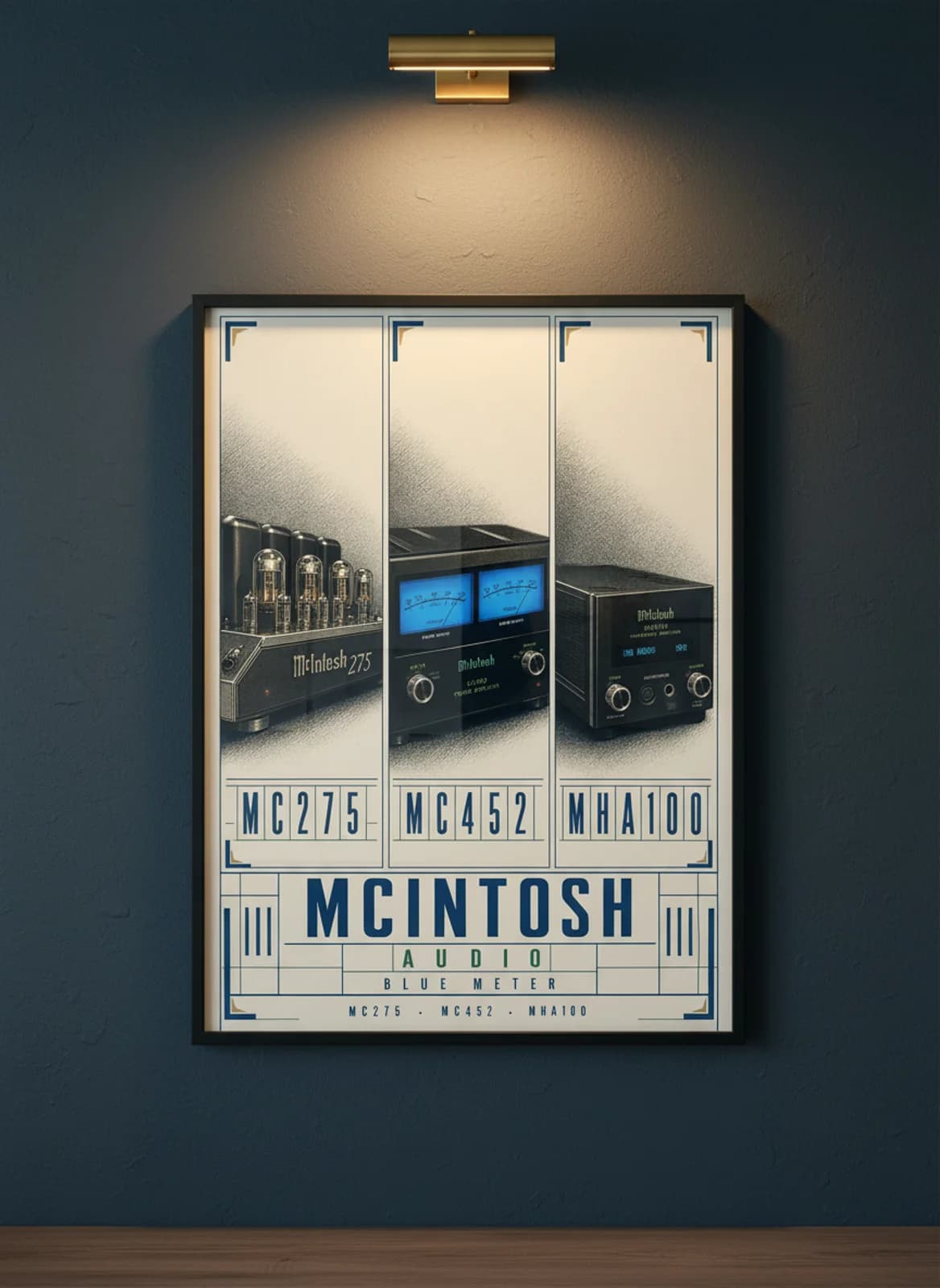 MCINTOSH three-panel gallery set in black A2 frame on mcintosh-blue lime-wash wall — Gallery Sets mockup