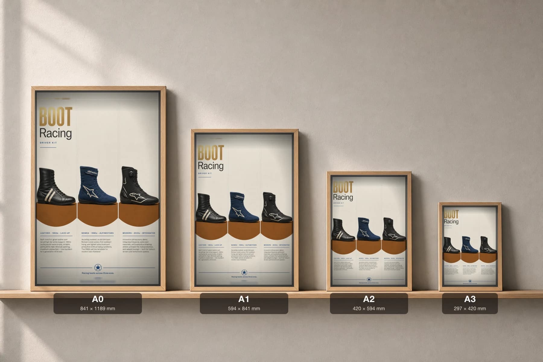 BOOT Three-Panel Poster — gallery wall art set · framed A2 — print size guide showing the artwork at A0, A1, A2 and A3 in natural-oak frames at true relative scale