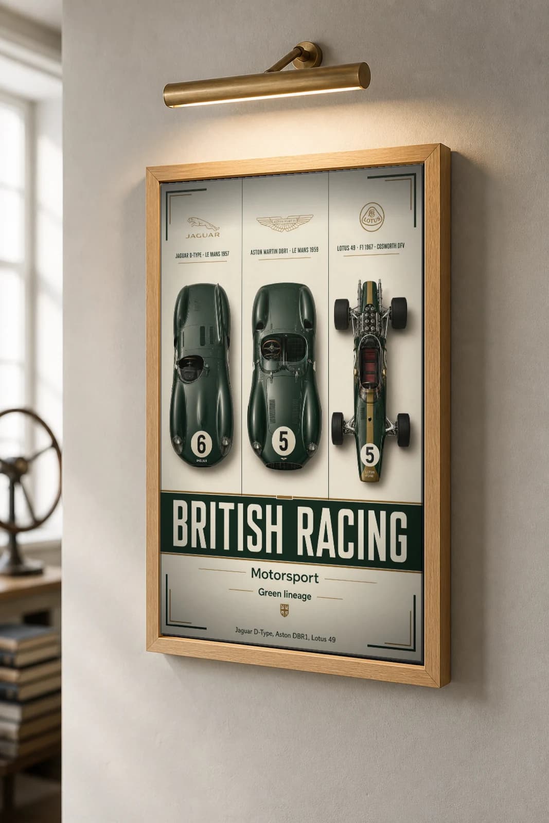 Jaguar · Aston Martin · Team Lotus D-Type · DBR1 · Lotus 49 Poster —  Sportscar prototype · endurance racer · Formula One WEC racing wall art · #6 · 5 · 5 · framed A2 — the framed print shown at a three-quarter angle on a styled gallery wall in a natural-oak frame